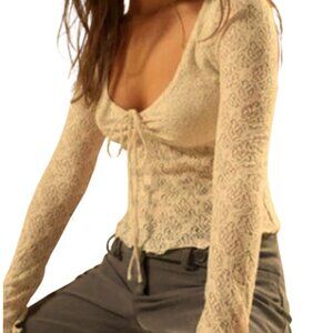 Coco & Shay Lace Blouse XL Bell Sleeve Tie Front Boho Chic Sheer Top